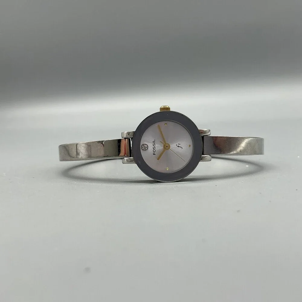 Fossil F2 ES-9399 Women Watch 20mm Silver Tone Black Bezel Bangle New Battery 7